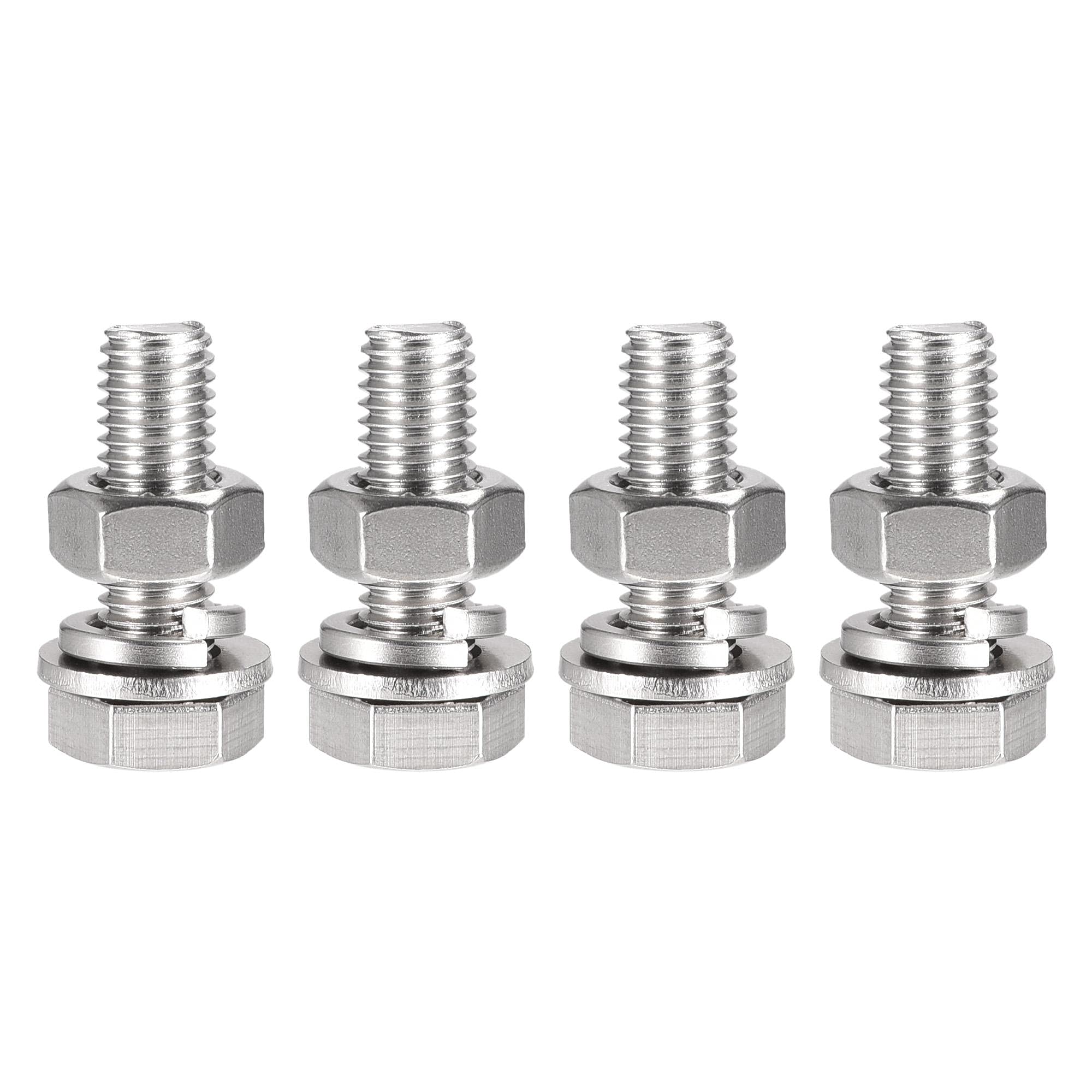 sourcing map M10 x 35mm Hex Head Screws Bolts, Nuts, Flat & Lock Washers Kits, 304 Stainless Steel Fully Thread Hexagon Bolts 4 Sets