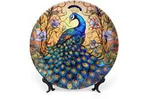 Gokays Decorative Plates, Stained Glass Design Peacock & Flower Ceramic Dinner Plate Home Wobble-Plate with Display Stand, Wall Hanging Decor for Kitchen Household 10 Inch, Gifts for Peacocks Lover