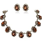 BriLove Victorian Style Statement Necklace Pierced Earrings Jewelry Set for Women Crystal Floral Cameo Inspired Oval Jewellery for Party Prom