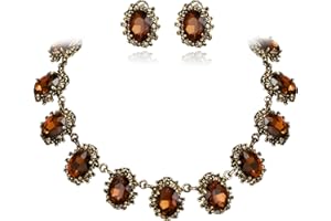 BriLove Victorian Style Statement Necklace Pierced Earrings Jewelry Set for Women Crystal Floral Cameo Inspired Oval Jewellery for Party Prom