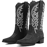 LingxiaUne Western Cowboy Boots - White Cowboy Boots with Bow Mid Calf Cowgirl Boot for Women Comfortable Chunky Heel Ideal for Country Night Party