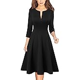 VFSHOW Womens Work Business Front Zipper A-Line Dresses 3/4 Sleeve Office Church Fit and Flare Skater Swing Knee Length Dress