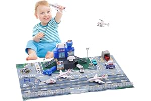 Kids Airplane Toy Set with Trucks, Helicopter, Planes, Signs and Airport Playmat, Interactive Early Learning Toys Great Milit
