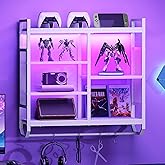 HOOBRO Gaming Floating Shelves, Wall Mounted Display Shelves with LED Lights, 4-Tier Hanging Shelves with Adjustable Shelf, F