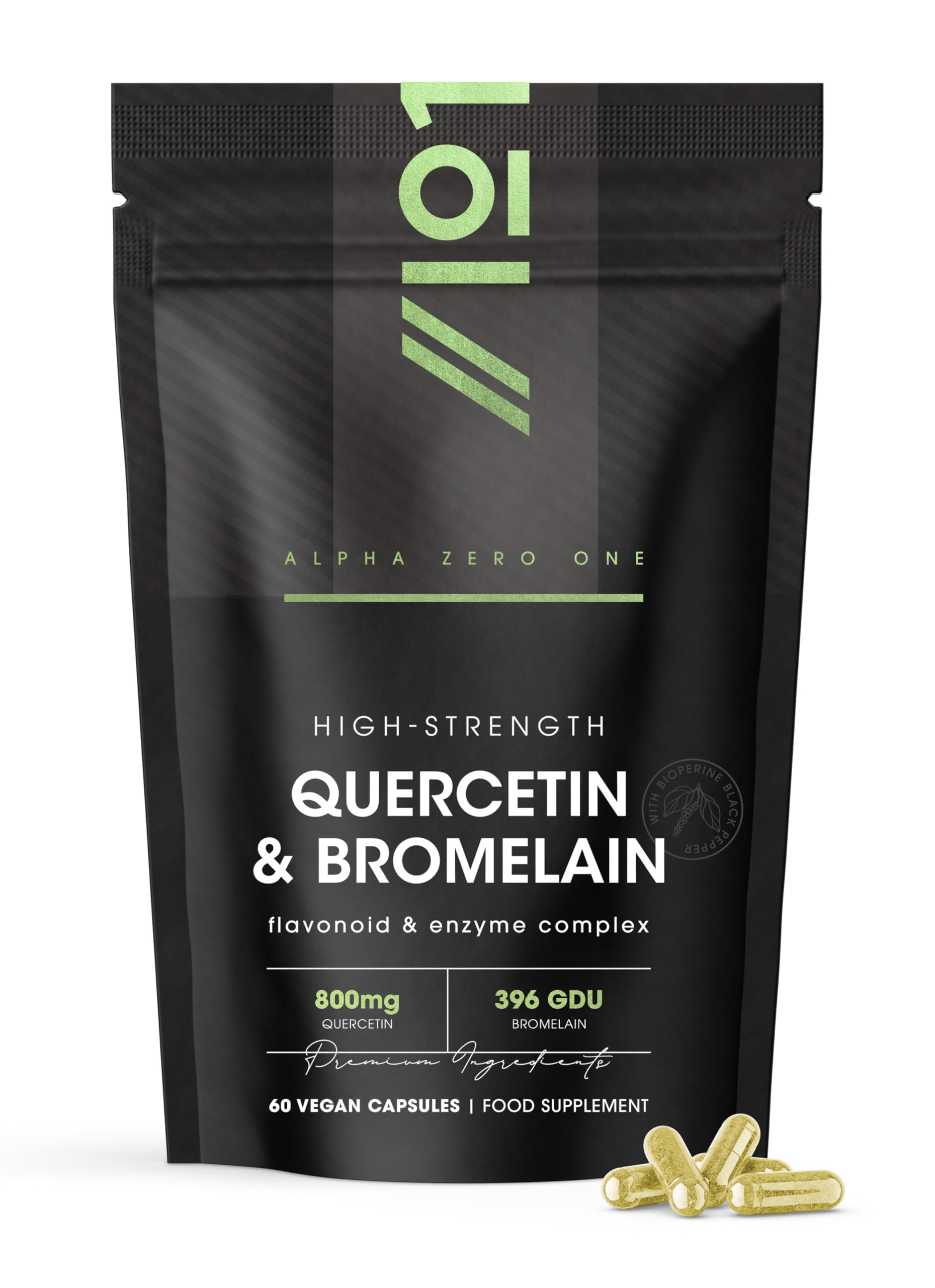 Plant-Based Quercetin 800mg & Bromelain 396 GDU with BioPerine® - 60 Vegan Capsules – Made from Sophora Japonica Extract (Quercetin) & Pineapple (Bromelain) by Alpha01