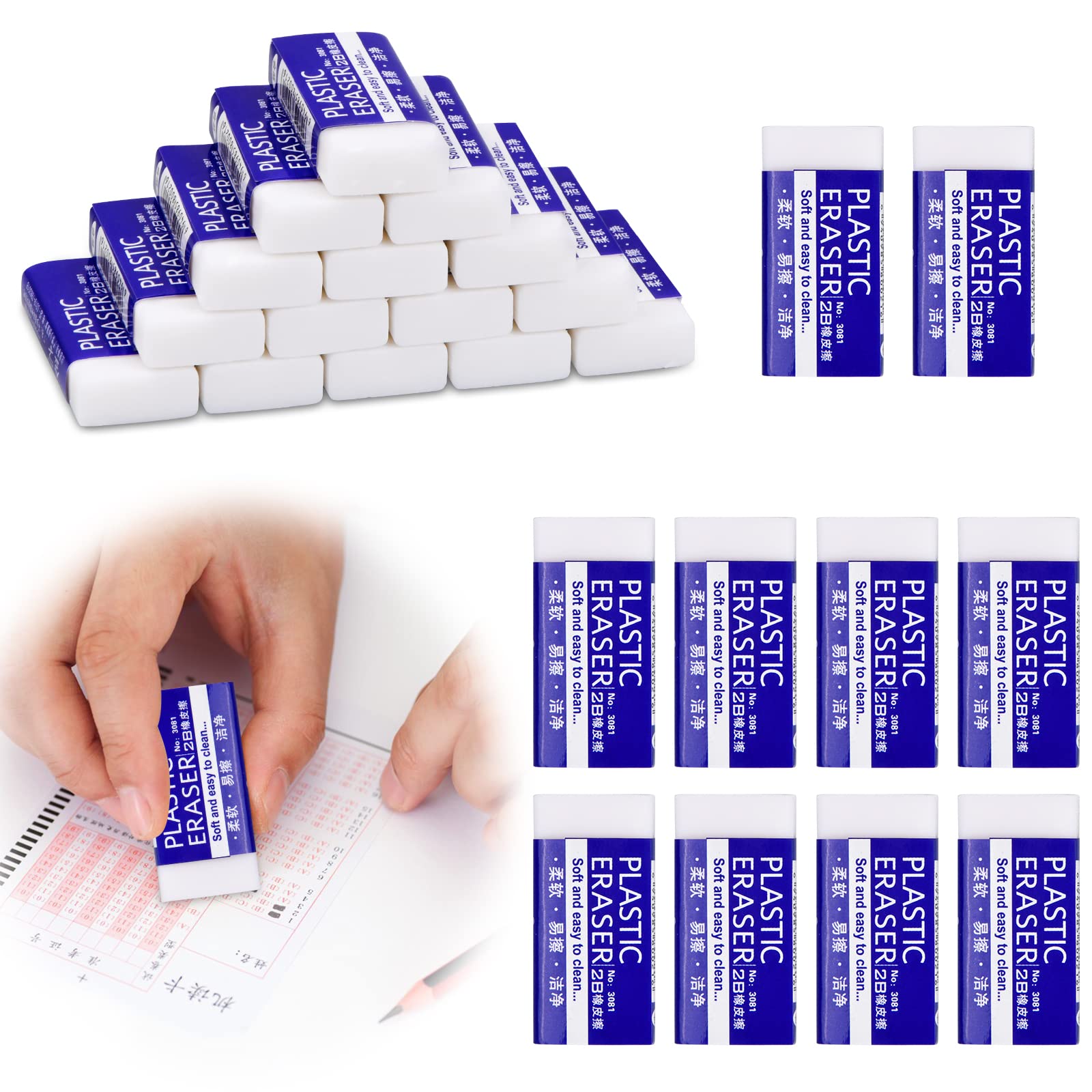 30 Pcs Plastic Rubber Eraser - White 2B Eraser for School, Home, Office, Sketches, Paintings, Fine Arts