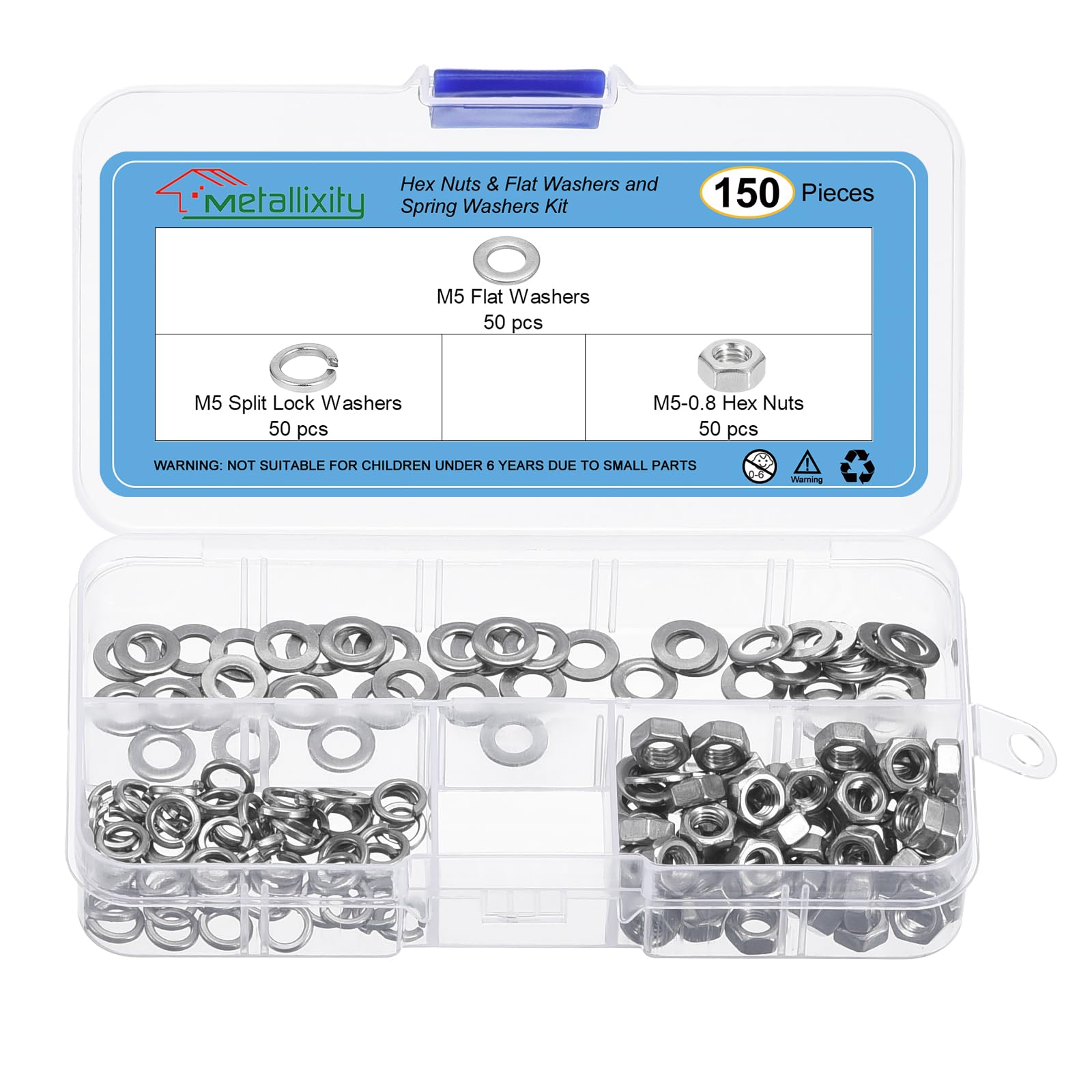 METALLIXITY Hex Nuts Assortment Kit (M5-0.8 Hex Nuts with M5 Flat Washers & Split Lock Washers) 150Pcs, 304 Stainless Steel Hexagon Nut Hardware Kit