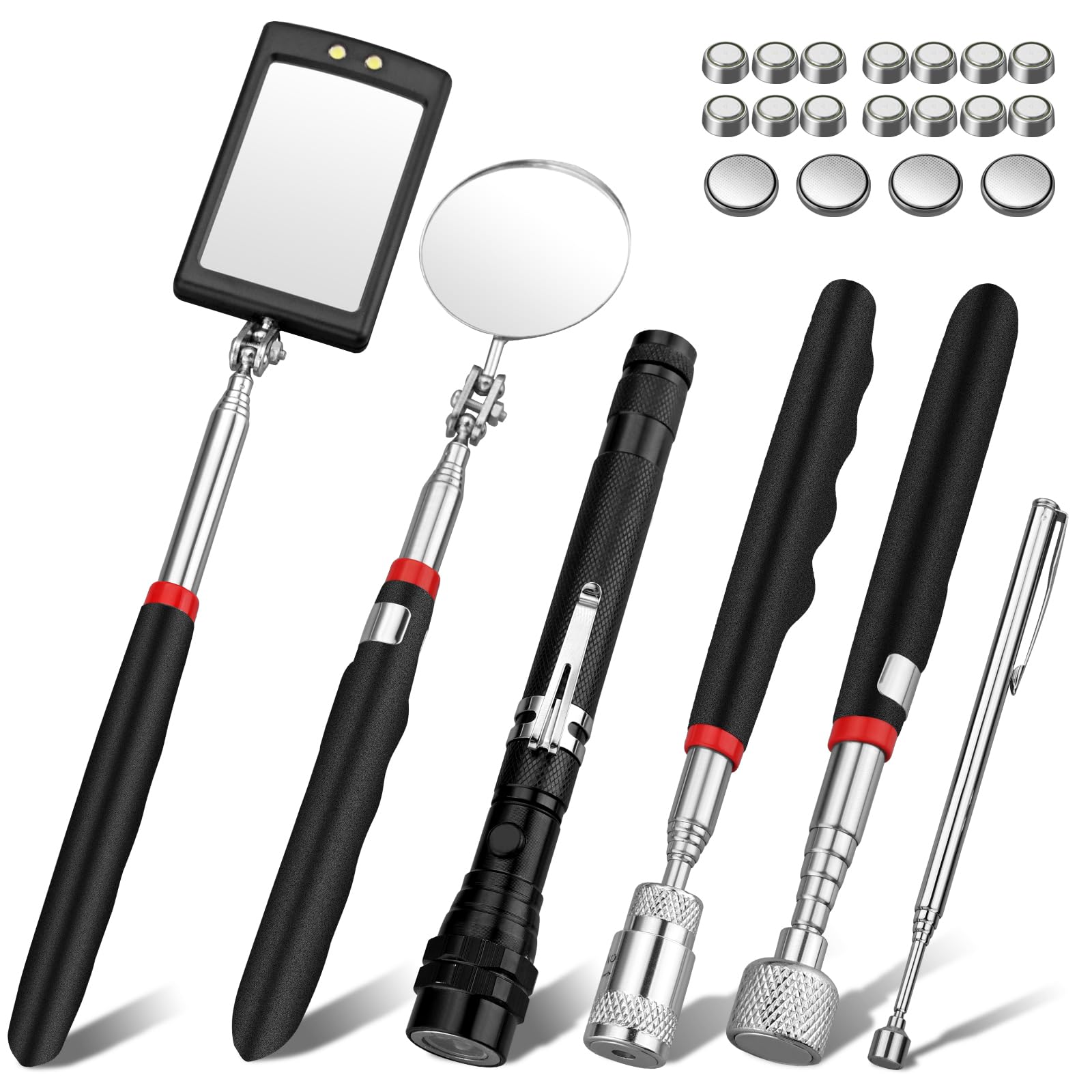 XUNTOP 6PCS Telescopic Magnet Set, Telescopic Magnetic Pickup Tool Kit with 15lb/8lb/1lb Strength, 360° Inspection Mirrors & Flashlight, Magnetic Pickup Tool for Automotive Repair, DIY & Home Use