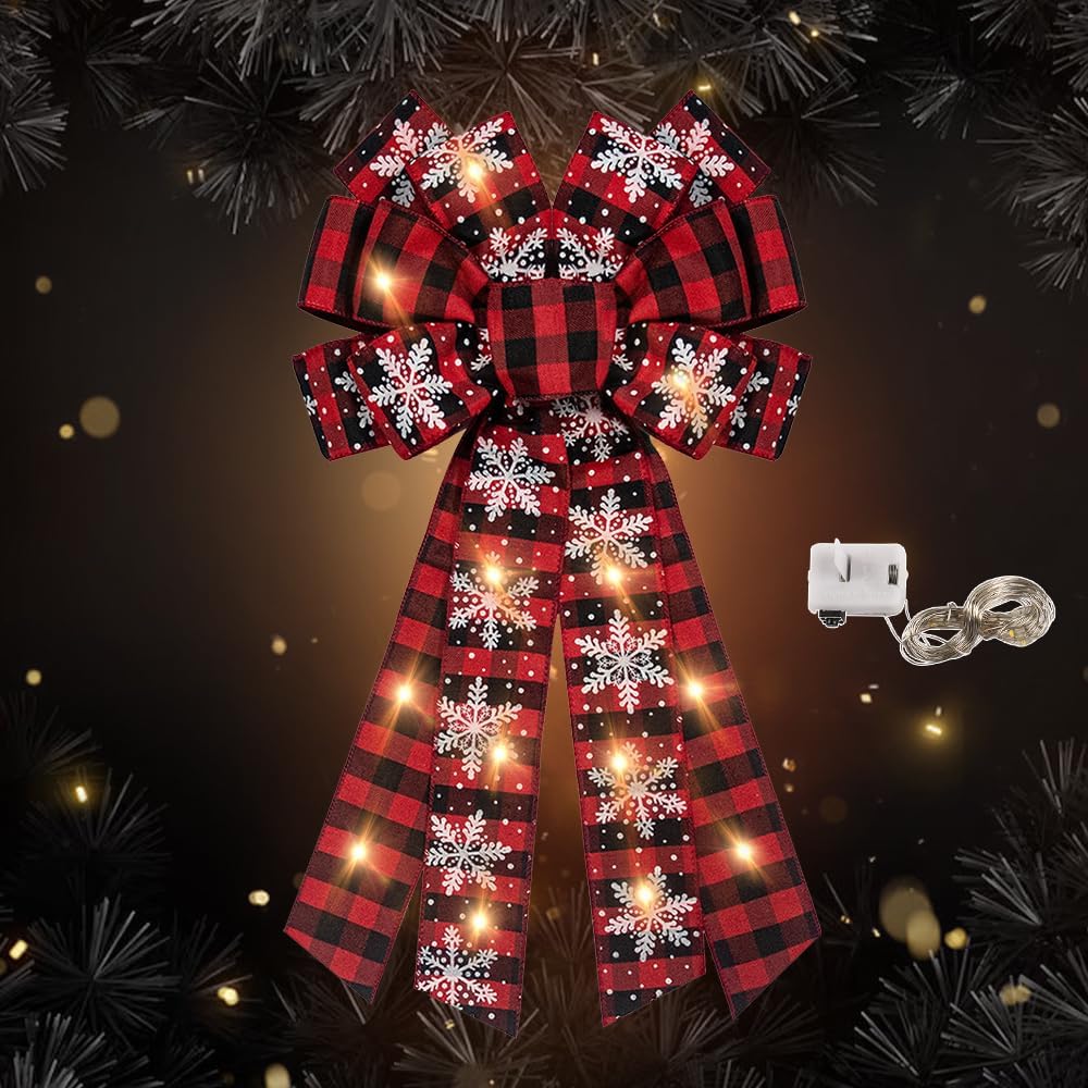 Bows & Ribbons - Hying Large LED Christmas Bows for Wreath, Christmas LED Wreath Bow Red Black Buffalo Plaid Bows with LED Lights Xmas Tree Topper Bows for Front Door Happy New Year Christmas Party Decoration Supplies