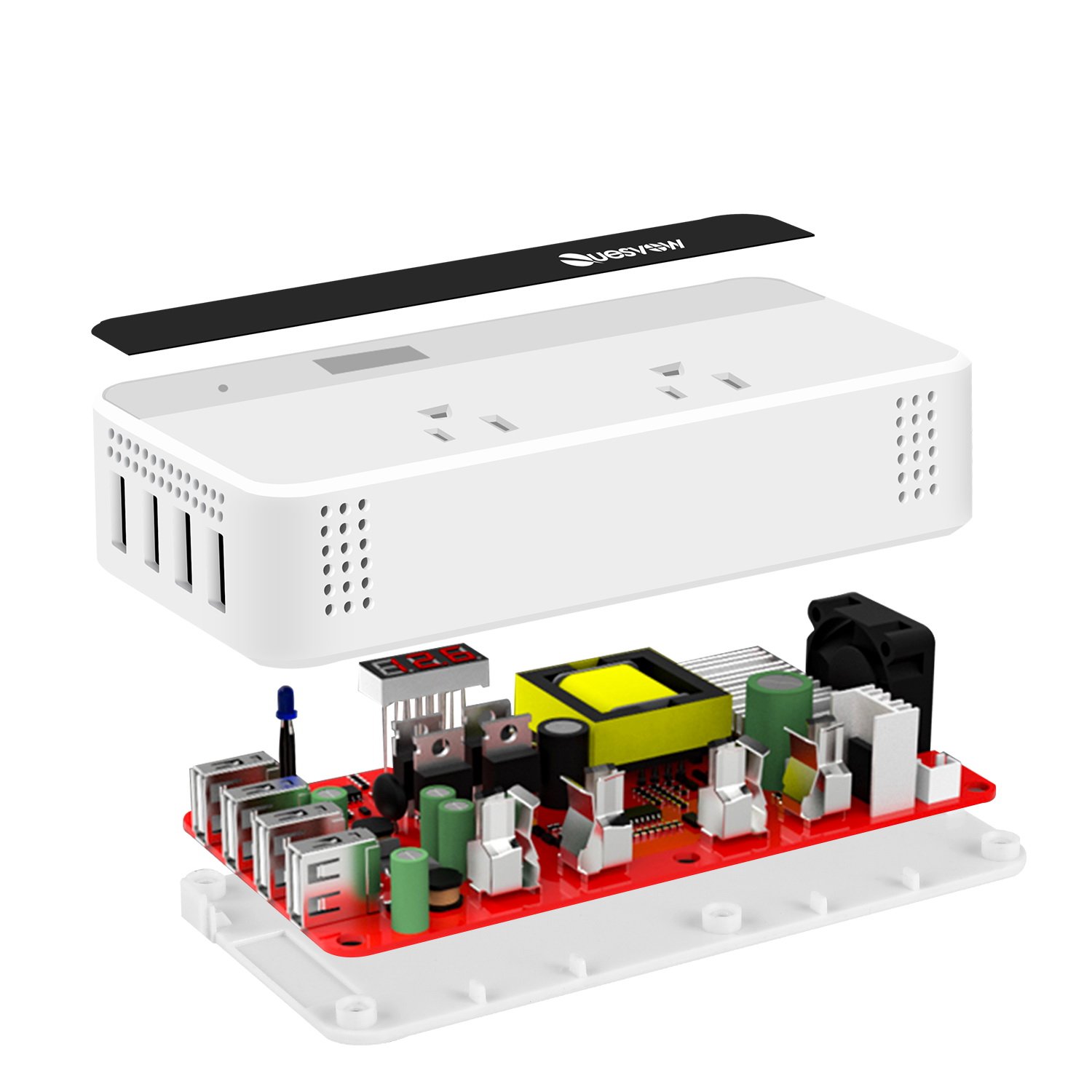 Quesvow 200W Car Power Inverter DC 12V to 110V AC Converter 4 USB Ports Charger-White