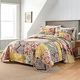 ENASAL Cotton Bedspread Quilt Sets Reversible Bedding Coverlet Sets Luxury Vintage Rustic Gorgeous Paisley Floral Yellow Real Patchwork Bedspread, King Size