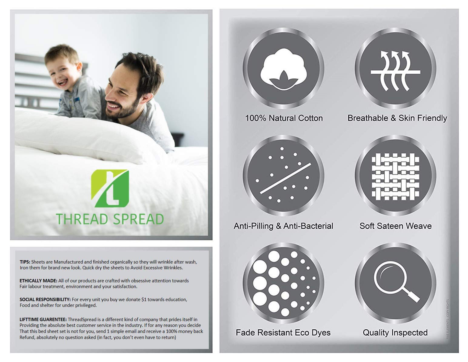 Thread Spread Luxury 100% Egyptian Cotton 1000 Thread Count 4 Piece Sheet Set Deep Pocket Up to 18