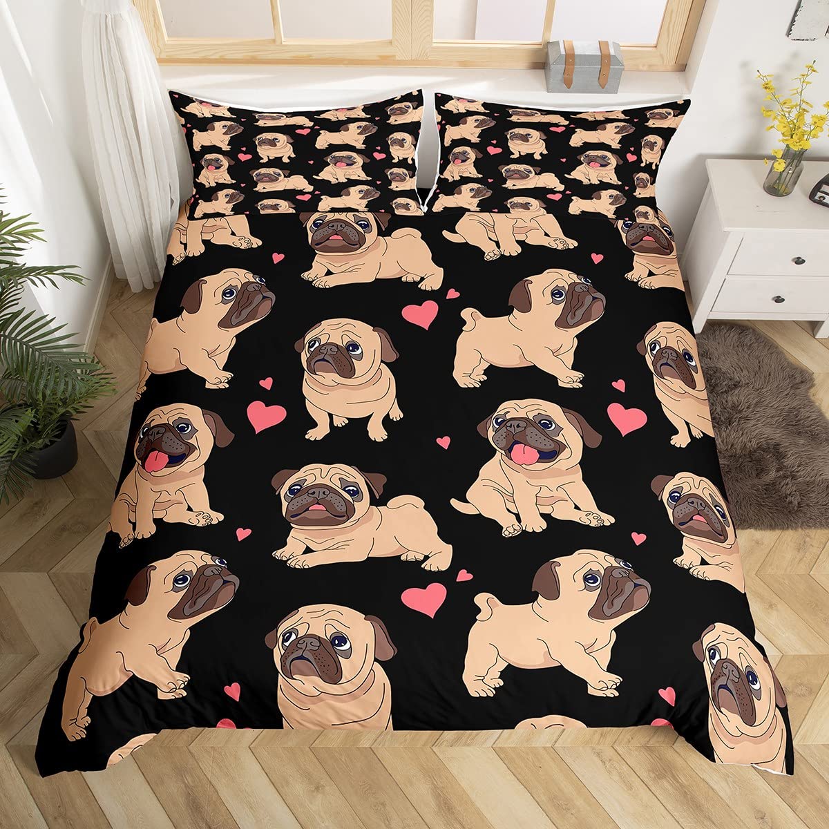 Homemissing Puppy Dog Duvet Cover Set Kawaii Pug Comforter Cover Love Heart Prints Bedspread Cover Animal Pattern Black Bedding Set for Kids Boys Girls Adults
