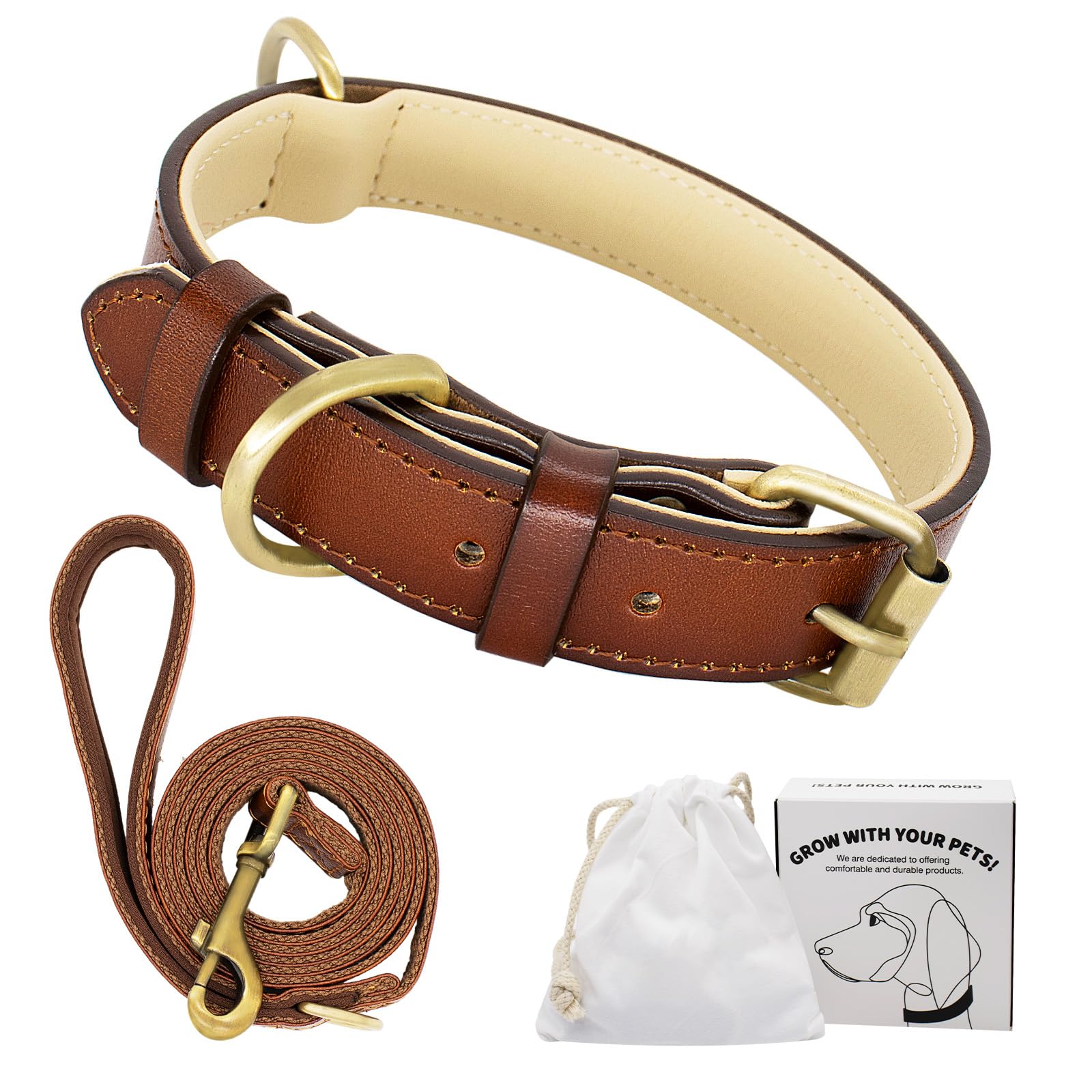 Dote on Leather Dog Collar and Lead Set Adjustable Genuine Soft Leather Dog Collar of Padded for Small Medium Large Dogs(Brown, XL)