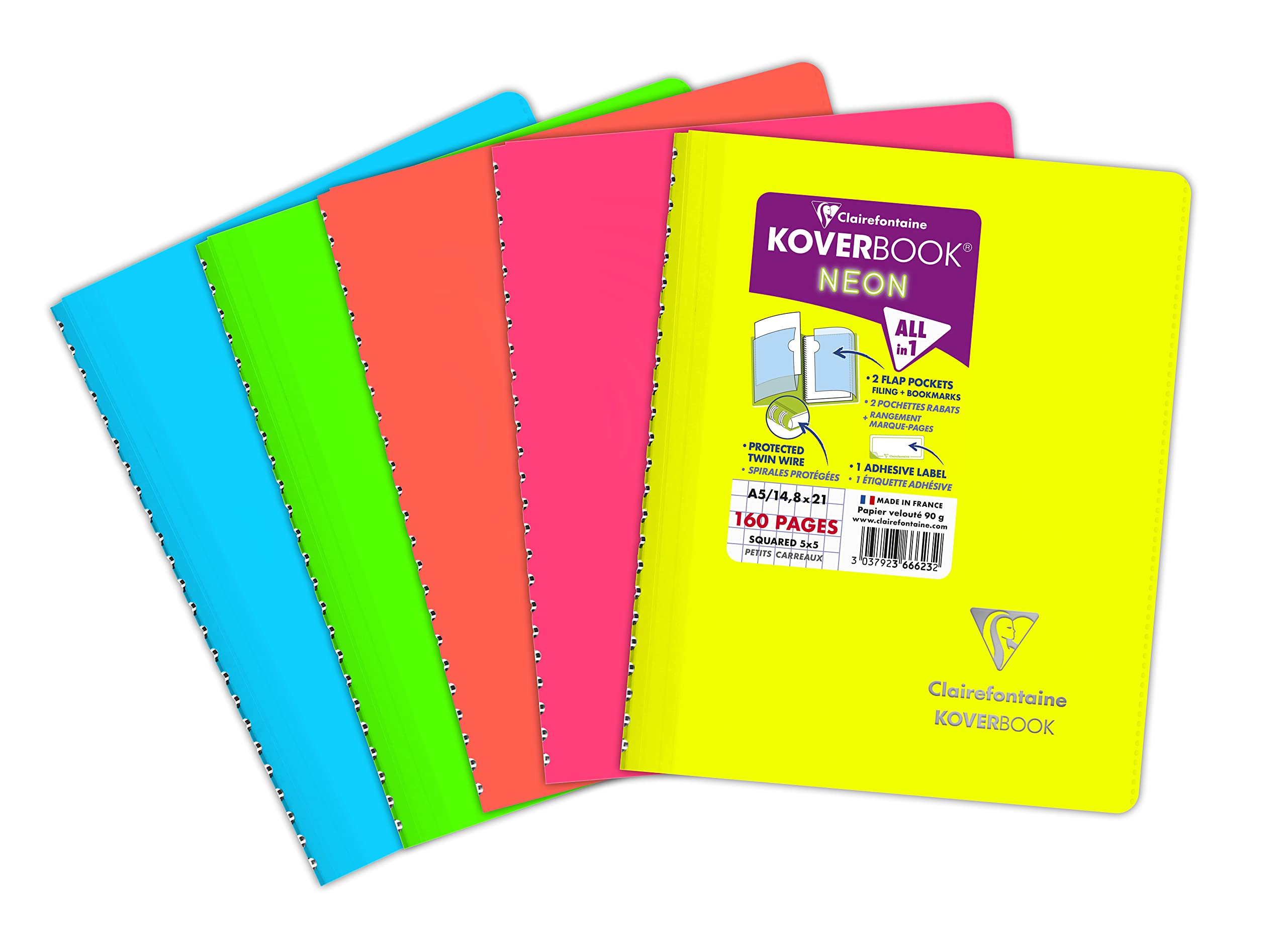 Clairefontaine 366623C A Spiral Notebook Koverbook Neon - A5 14,8x21 cm - 160 Small Square Pages - White Paper 90 g - Opaque Polypro Cover - Random Colour