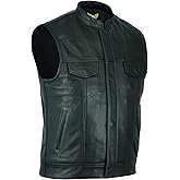 Leatherick Mens Black Motorcycle Vests - Top Grain Cow Leather SOA Club & Traditional Paisley Satin Liner Leather Biker Vests