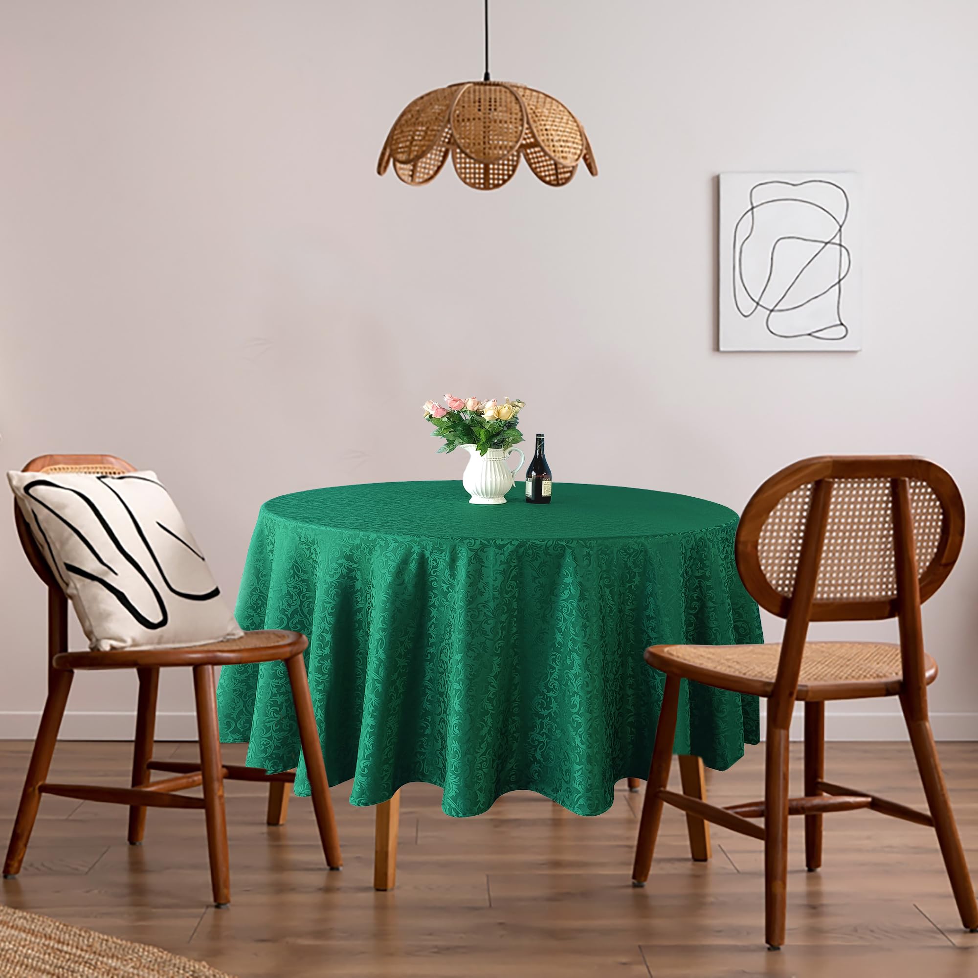 Trimming Shop 120" Round Damask Table Cloth Scrolled Leaves Pattern, Green Circular Linen Table Cover for Banquet, Christmas, Xmas, Dining Parties, Home, Kitchen, Restaurant, Wedding, 1pc