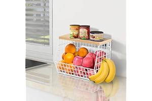 Fruit Basket, Kitchen Storage Basket with Wood Lid Stackable Wall Mounted Fruit Bowl of Smooth Wood Lid with 4 Banana Hanger 