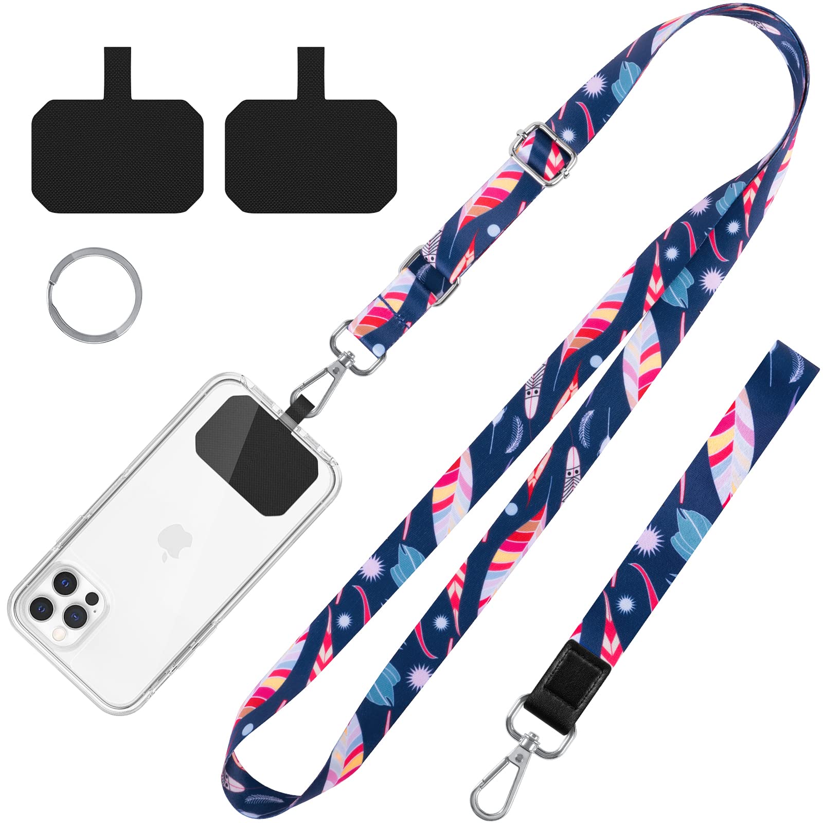 Cell Phone Lanyard,Crossbody Neck Lanyard, Hand Wrist Strap for Cell Mobile Phone,Key Chain, Card Holder,ID Badge, Shoulder Neck Strap for All Smartphones.Free 2×Pads, Metal Keyrings (Blue Feather)