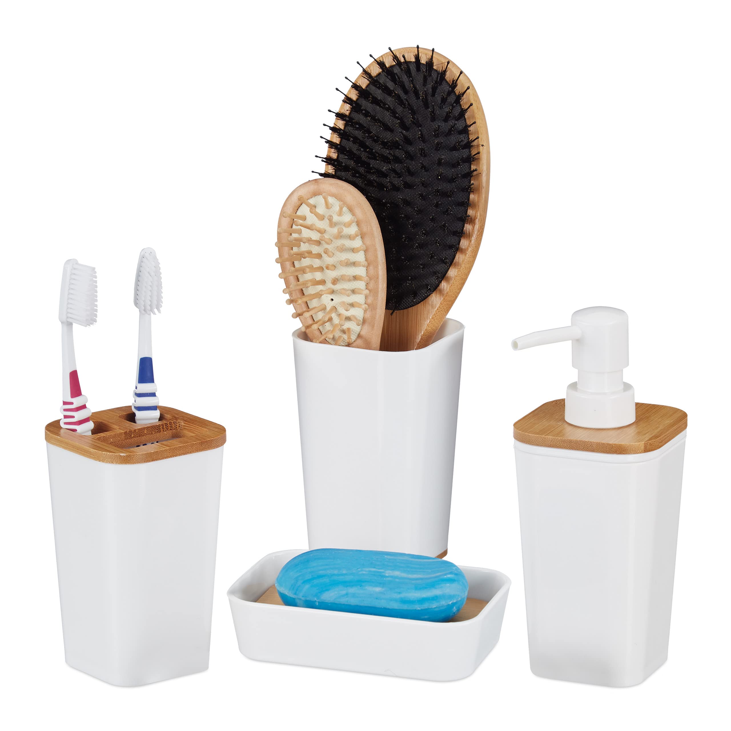 Relaxdays Bath Accessories 4-Piece Set, Plastic & Bamboo, White: Soap Dispenser, Dish, Toothbrush Holder, Tumbler