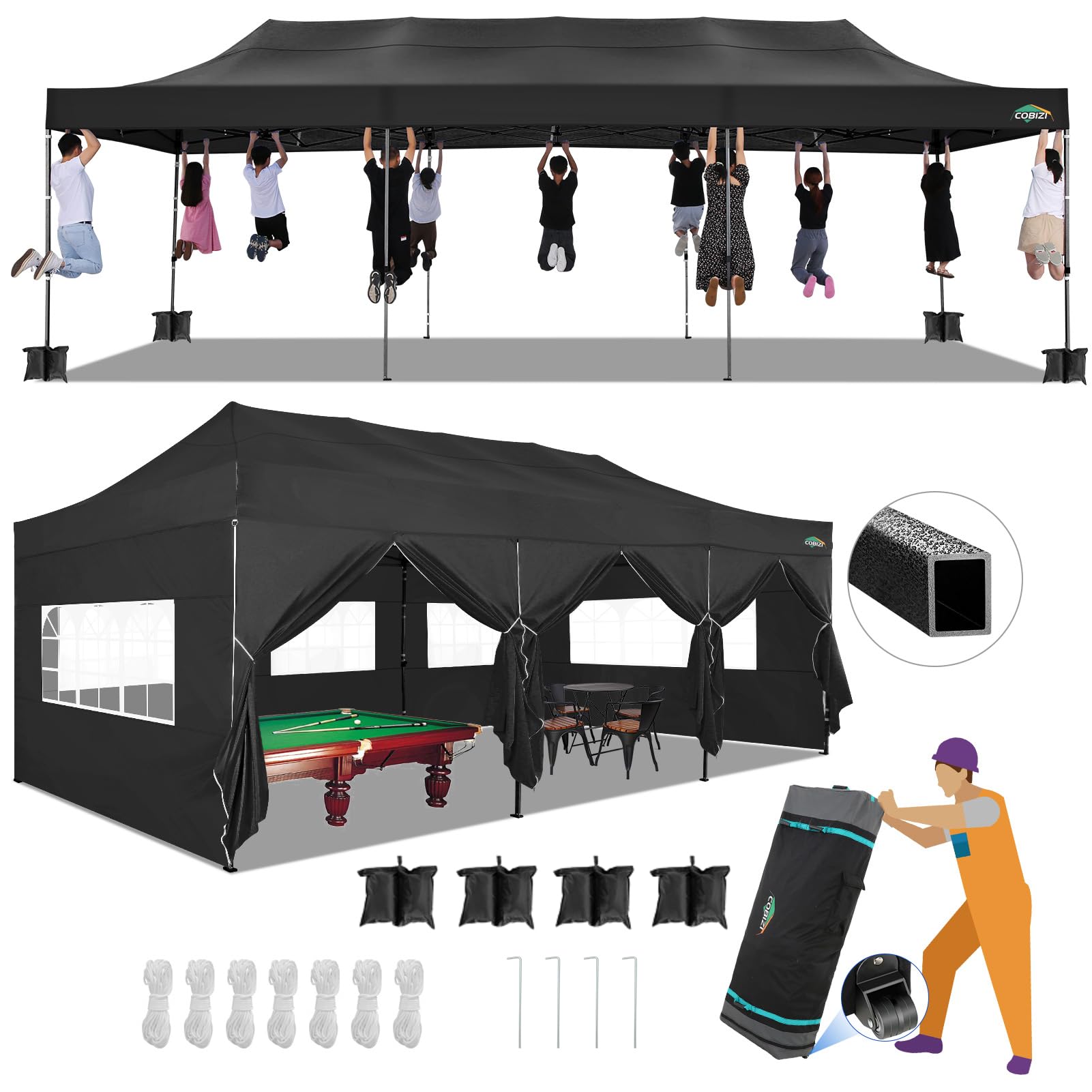 Photo 1 of **FRAME IS BROKEN*PARTS ONLY**COBIZI 10x30 Pop up Canopy Tent 10x30 Canopy with Sidewalls, Heavy Duty Party Tent Tents for Parties, Foldable UPF 50+ Waterproof Commercial Easy up Canopy with Roller Bag, Black(Windproof Upgraded)
