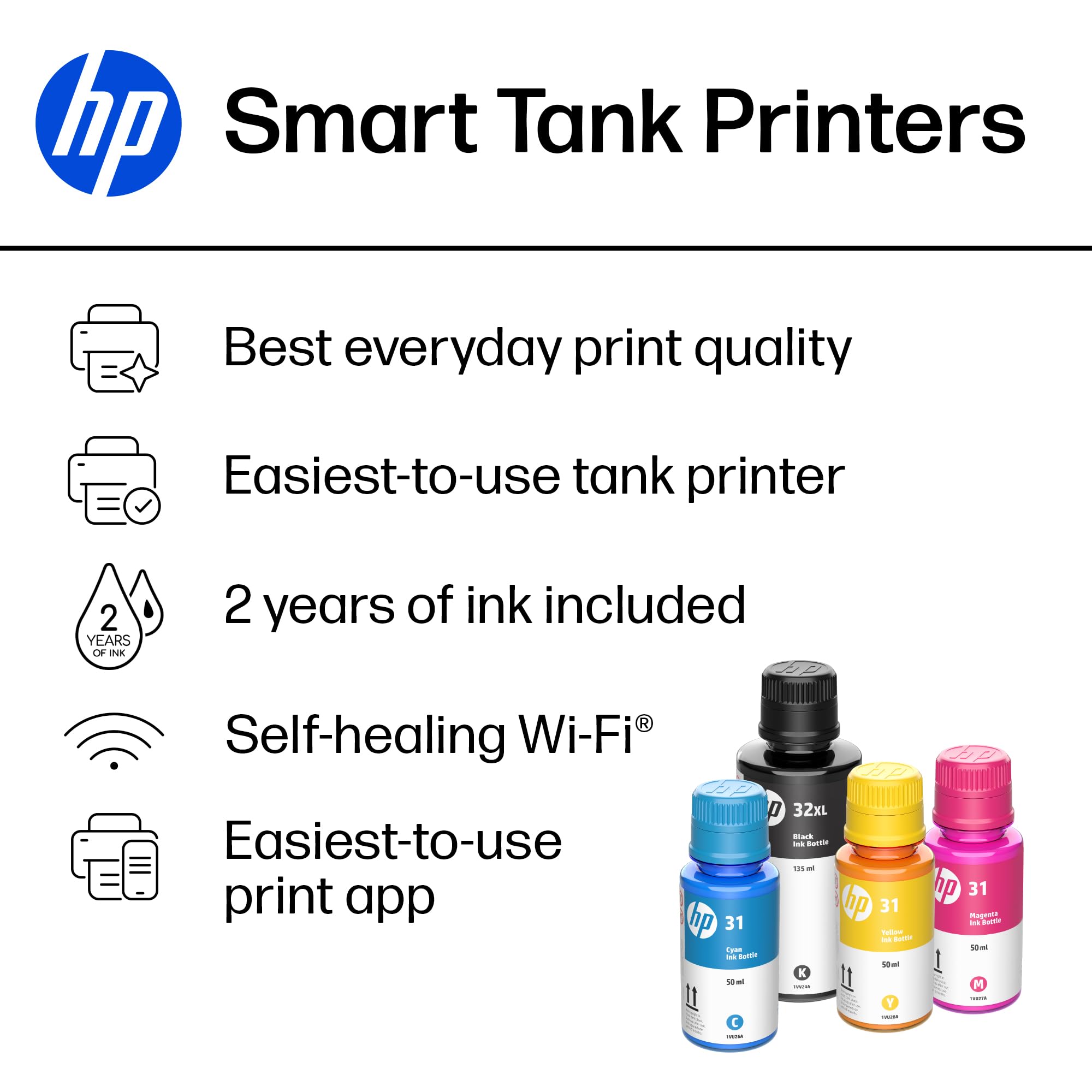 HP Smart Tank 5000 Wireless All-in-One Ink Tank Printer, Scanner, Copier with 2 Years of Ink Included, Best-for-Home, Cartridge-Free, Refillable, AI-Enabled (5D1B6A)