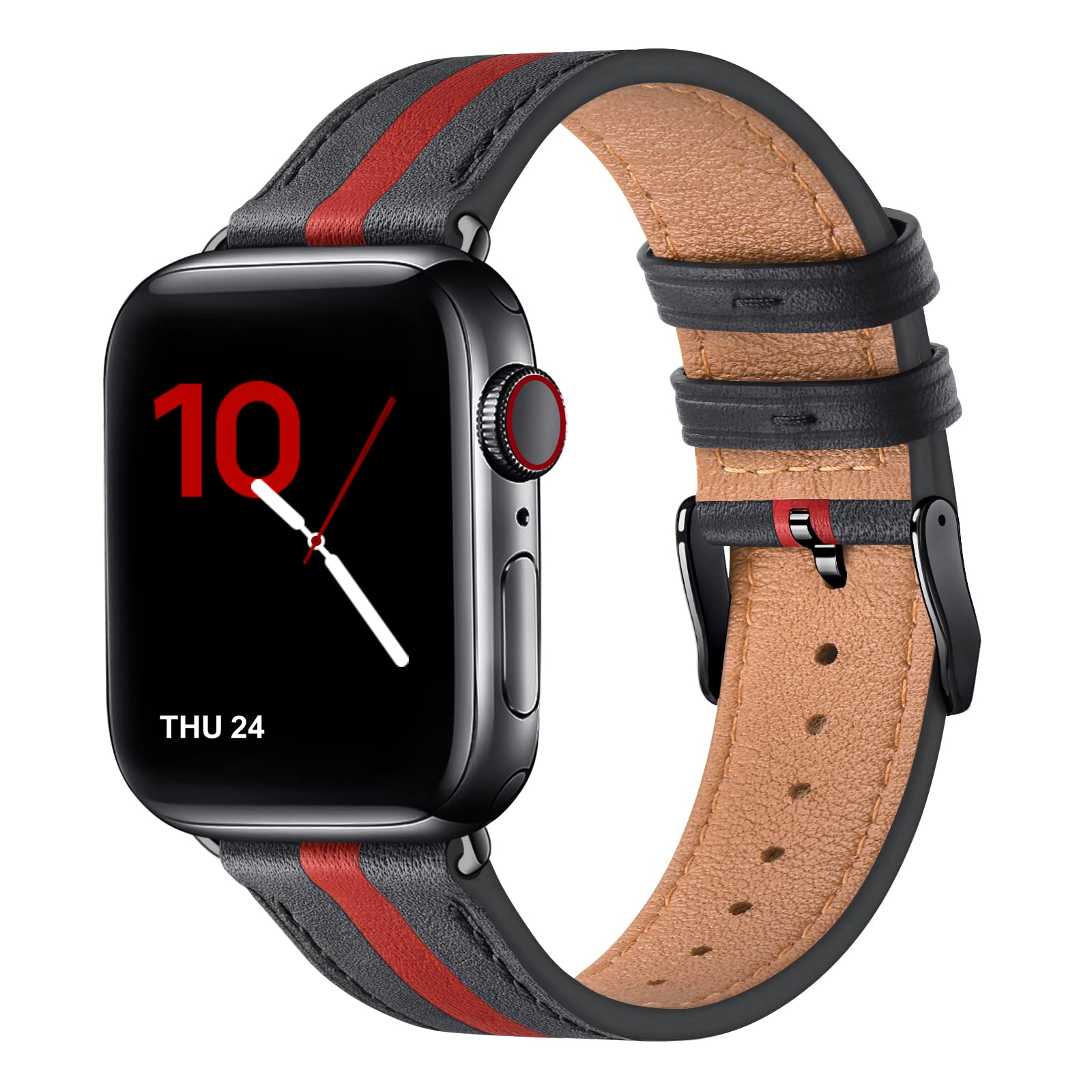 Midnifly Strap Compatible with Apple Watch Straps 40mm 38mm 44mm 42mm, Genuine Leather Business Replacement Band Women Men for iWatch SE & Series 6/5/4/3/2/1(38mm 40mm,Black&Black)