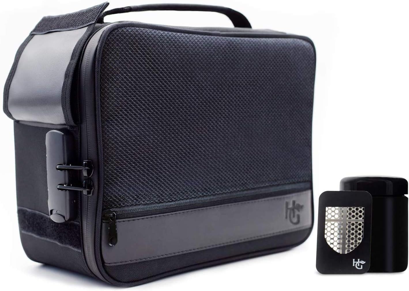 Extra Large Smell Proof Case with Combination Lock by Herb Guard (Stash Box Holds 5 Ounces of Herbs and Dried Foods) Comes with Smell Proof Jar, Humidity Pack, Built In Tray, Bags and Grinder Card