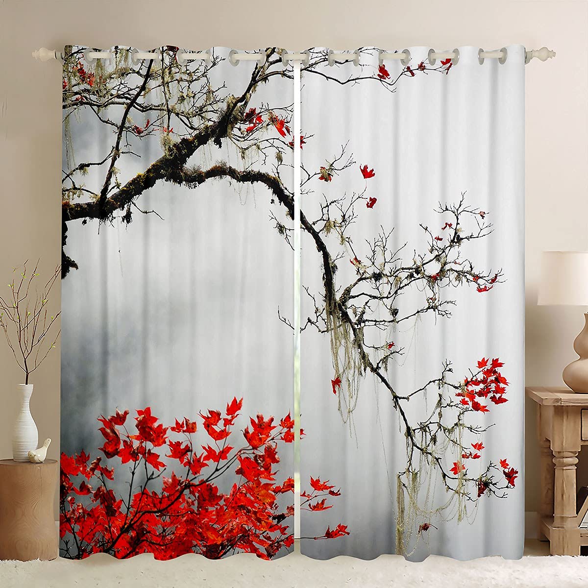 Loussiesd Black and White Curtains Window Panels Print Asian Japanese Style Tree Branch with Red Leaves Set of Window Curtain W66*L72 Drapes for Living Room Bedroom Kitchen