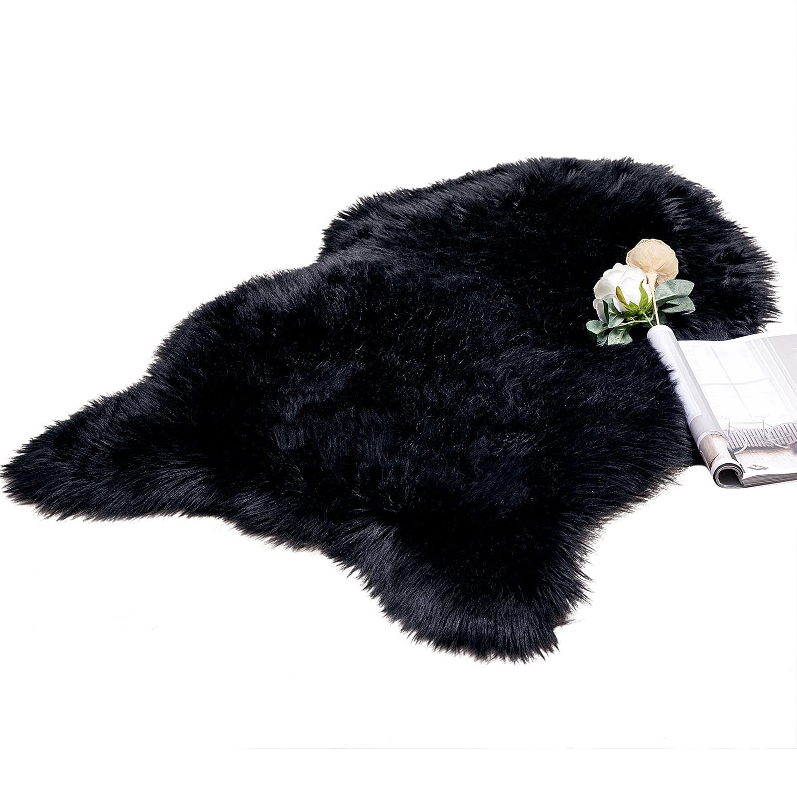 MIULEE Faux Fur Area Rugs Sheepskin Fluffy Mat Fleece Chair Cover Seat Pad Soft Shaggy Area Mat for Bedroom Sofa Floor 60 x 90 cm Irregular Shape Black