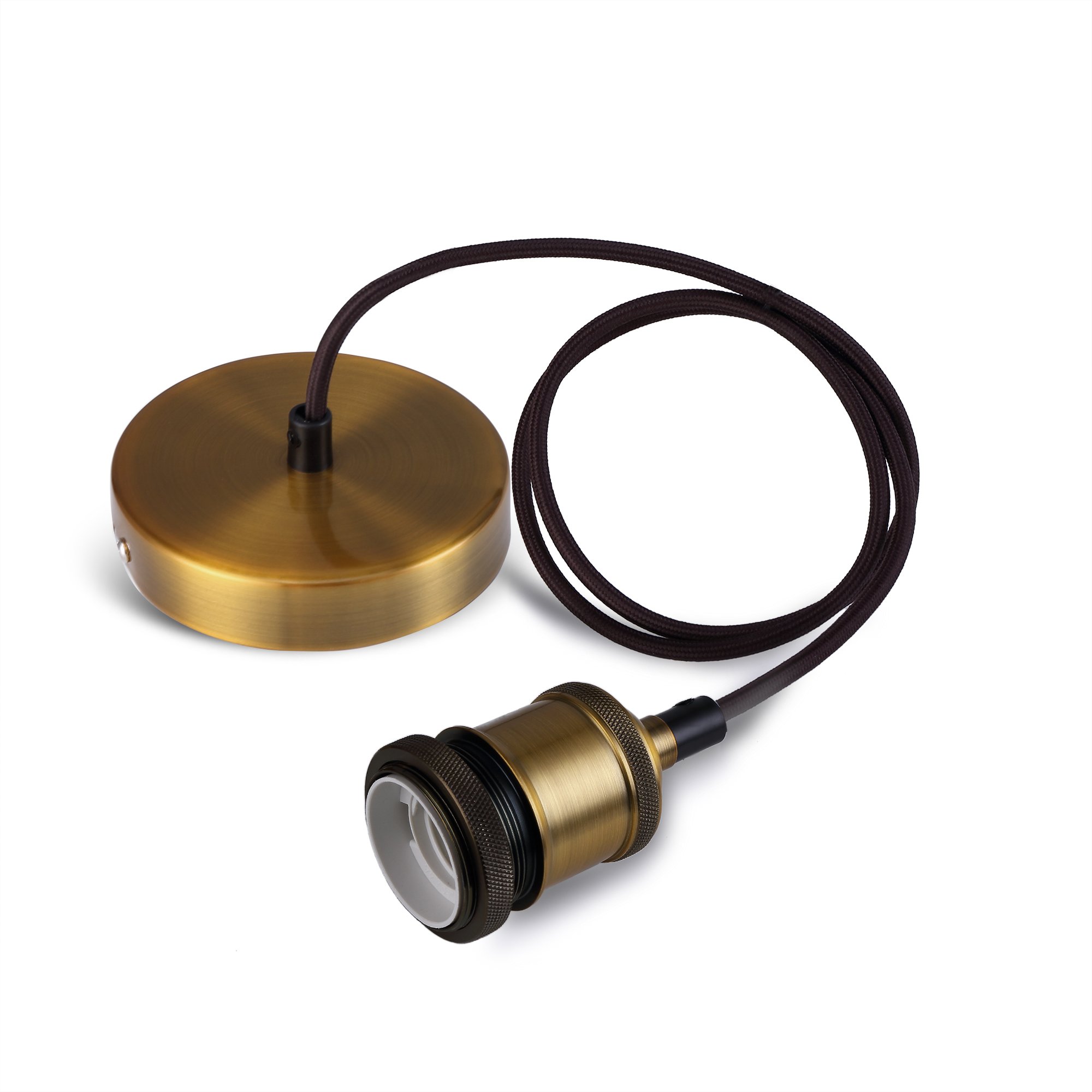 SHINY STAR Vintage Pendant Light Fitting, Modern Retro Industrial Style Bronze E27 Lamp Holder and Ceiling Rose with Brown Braided Flex Cable-KIT02BC