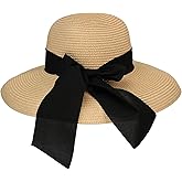 Surblue Straw Summer Hat Women's Floppy Sun Hat Wide Brim Beach Bow Hat