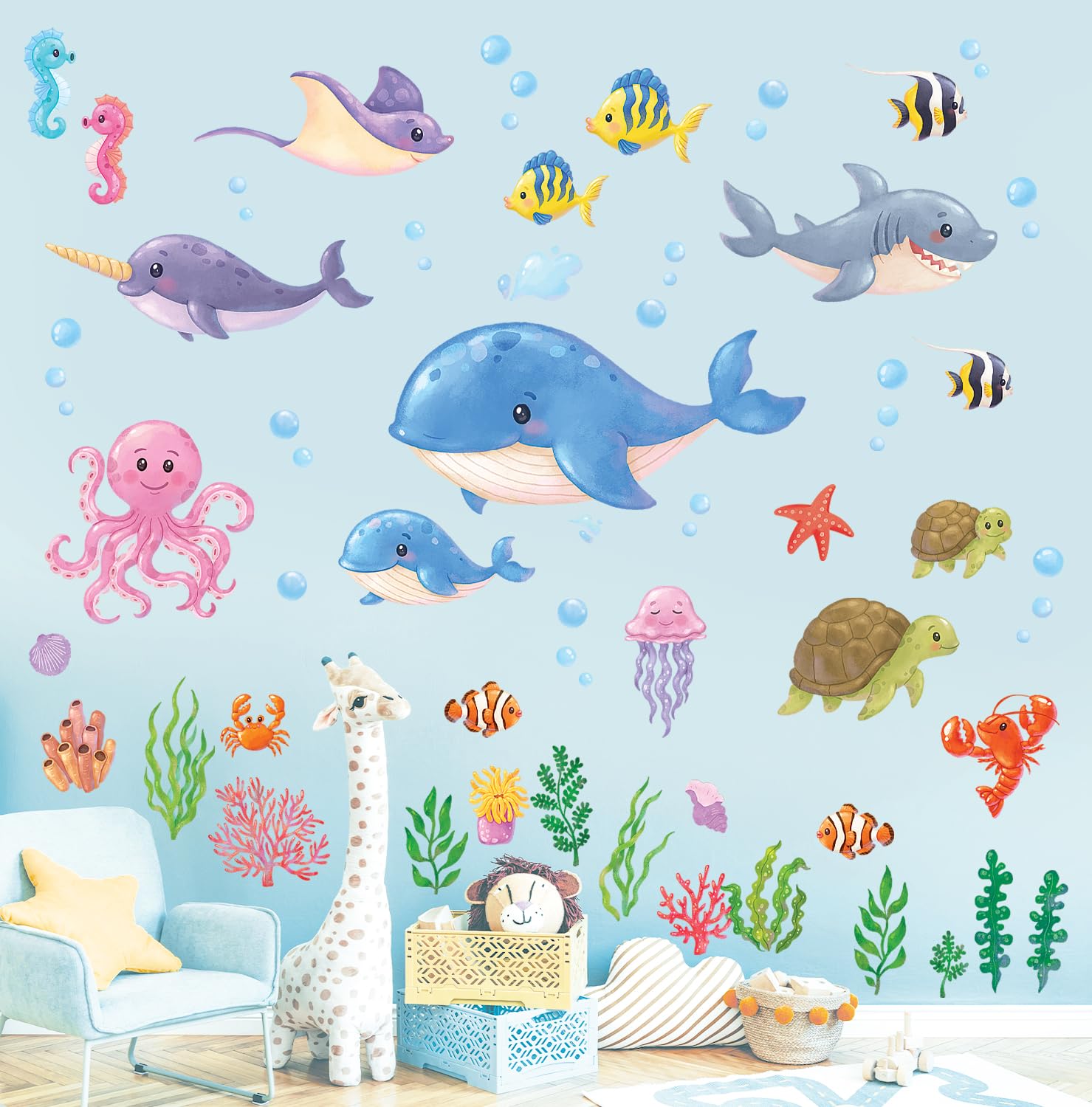 DECOWALL DS12-8081 Under The Sea Wall Stickers Ocean Fish Seaweed Decals Turtle Jellyfish Removable for Kids Baby Bedroom Nursery Living Room Art Home décor Bathroom Decoration