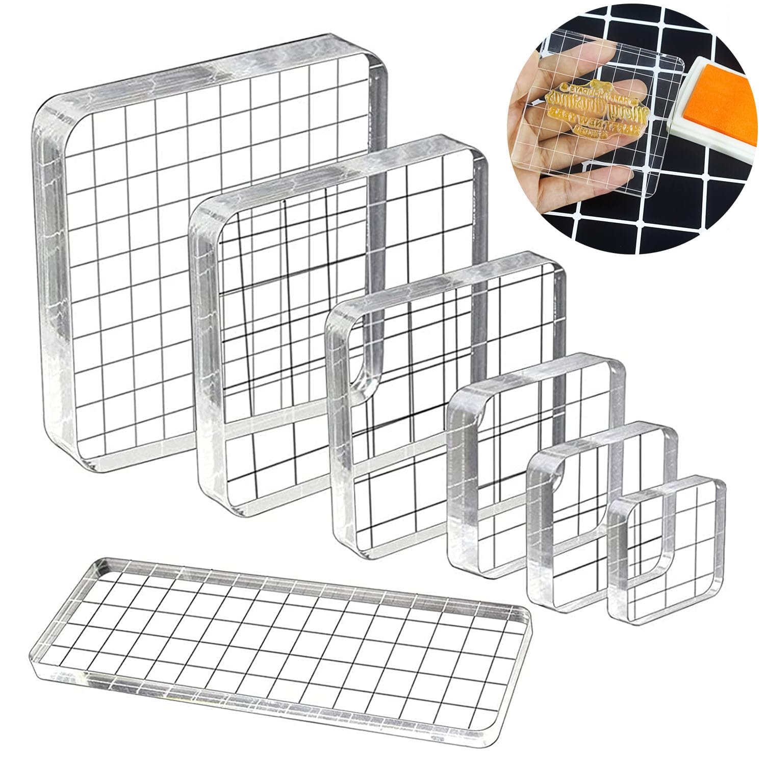 SAMSYOKI Acrylic Stamp Block Set, Acrylic Block for Silicone Stamps with Grid Lines, Transparent Stamp Blocks, Acrylic Stamp Block for DIY Scrapbook Craft Photo Album Journal (Square)
