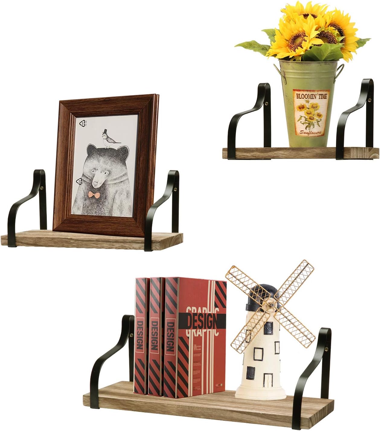 Oyeye Floating Shelves Wall Mounted Set of 3, Rustic Wood Storage Shelves for Bathroom, Living Room, Bedroom, Kitchen, Office