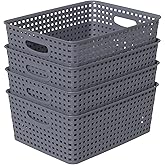 Neadas 4-Pack Plastic Weave Baskets, Woven Plastic Storage Basket, Gray