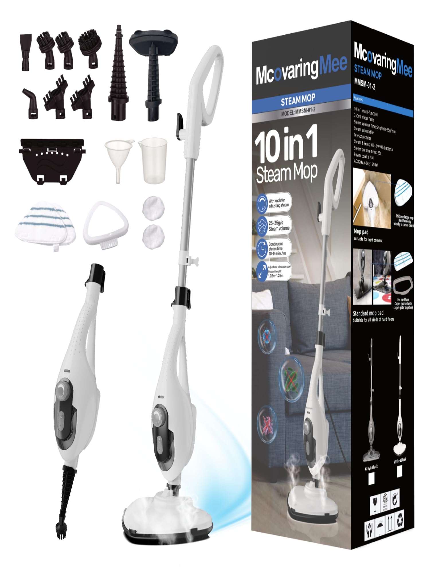 Photo 1 of 11-in-1 Steam Mop, 1550W Powerful Handheld Steam Cleaner, 260°F Multi-Functional Floor Steamer with 21.3FT Cord for Floors, Hardwood, Tiles, Grout, Windows, Kitchen, Bath, Adjustable (White)