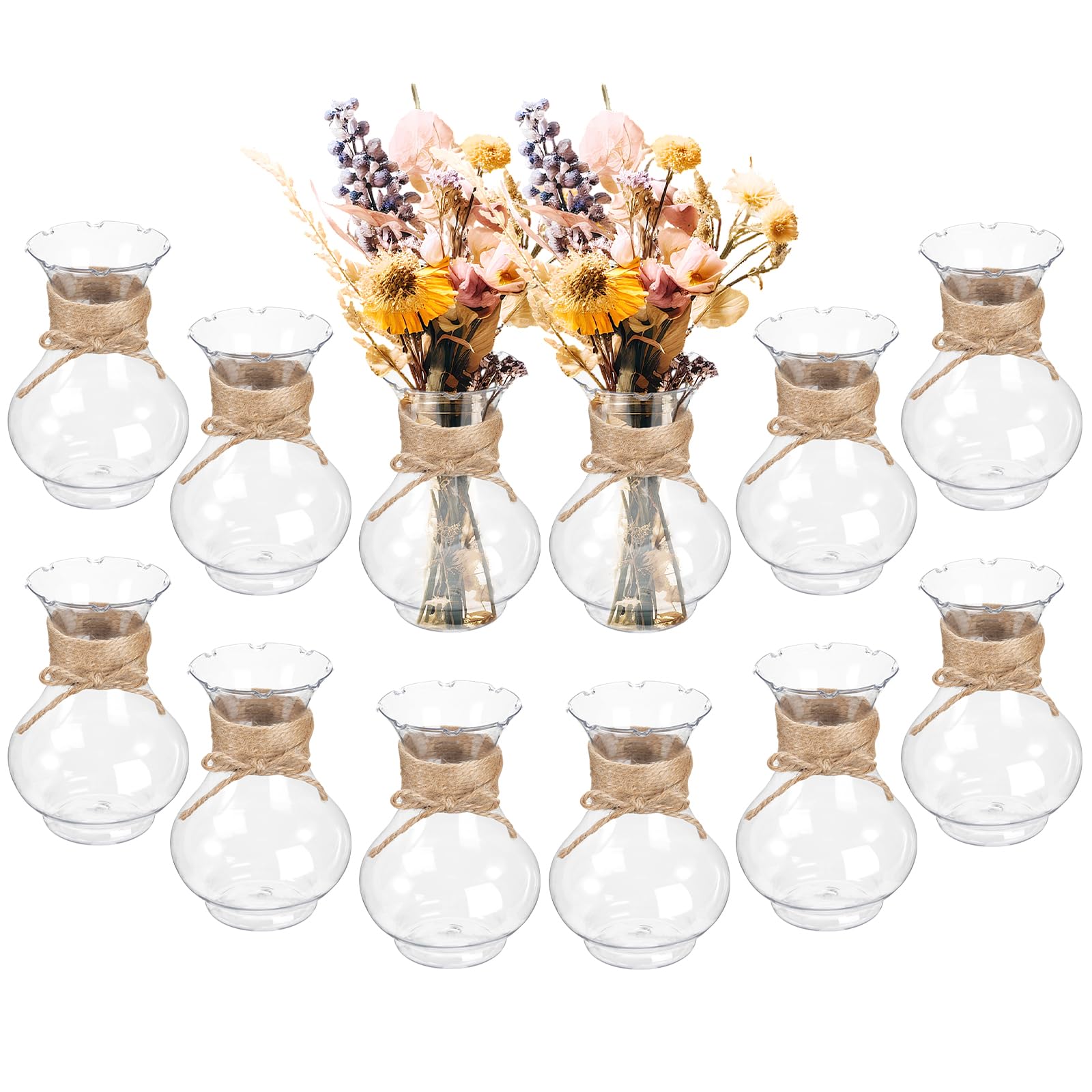 Photo 1 of 12 Pack Plastic Vases for Flowers with Jute Twine, Flower vasevases for centerpieces, Lightweight Plastic Vases for Centerpieces for Home Party Wedding Deco