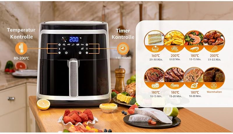 Heißluftfritteuse 7L, 1900 W, Digitalem LED-Touchscreen Air Fryer