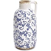 VICTOR & TERESA Blue and White Ceramic Vase for Flowers, Rustic Vase Home Decor for Pampas Grass, Farmhouse Decorative Vases for Mantel, Living Room, Shelf, Centerpieces, 7'', Gifts for Mom