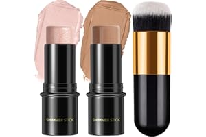 LEZERO 2Pcs Cream Contour Stick Makeup Kit, Cream Highlighter Stick and Bronzer Contour Stick with Longwear Waterproof Formula for Brightening and Trimming the Cheeks, Makeup Brush Include (#03, 09)