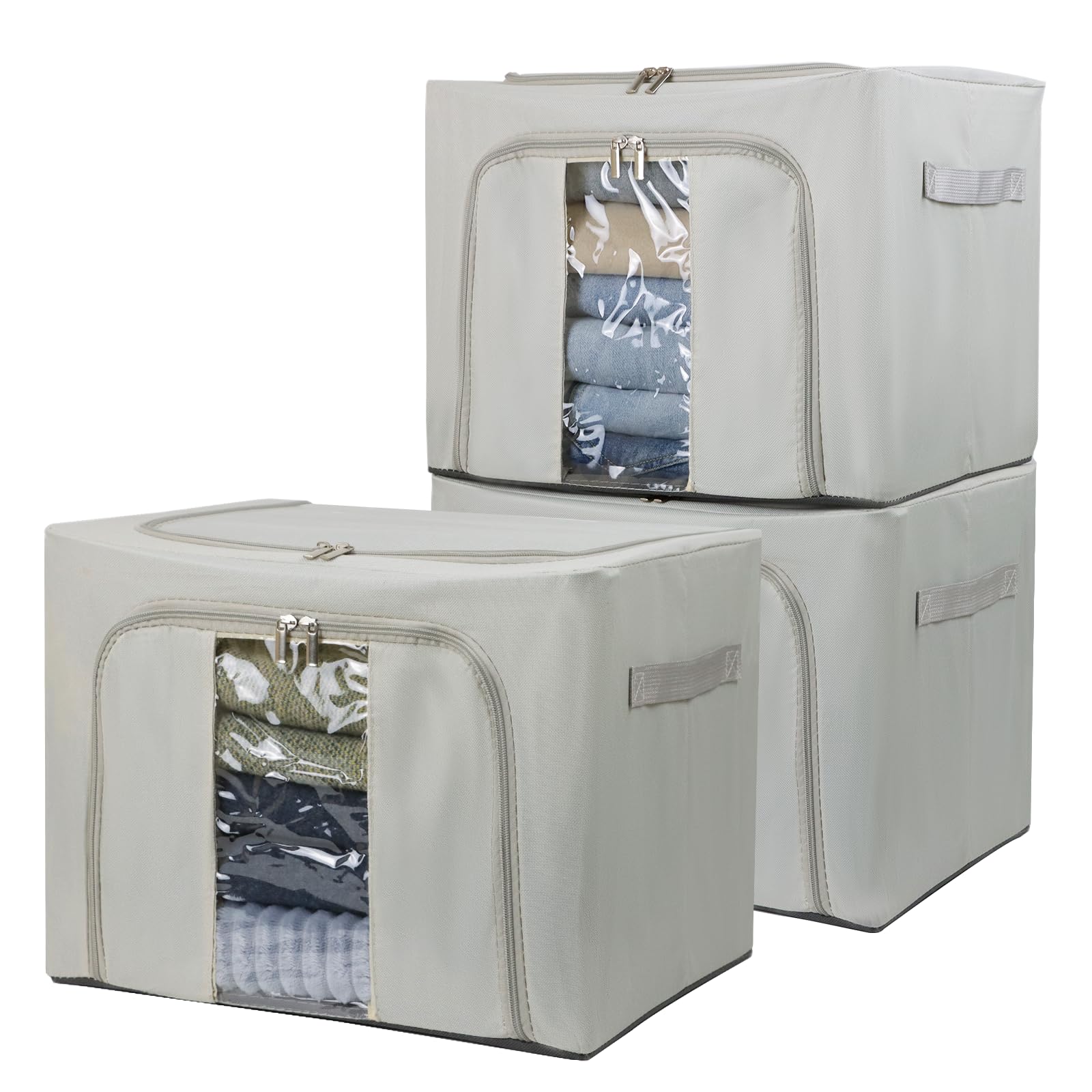 Photo 1 of 36L Clothes Storage Bins with Metal Frame, 3 Pcs Stackable Clothing Storage Boxes Containers with Lids, Foldable Oxford Fabric Clothes Organizer Bags Closet Organizers Organizing Bin for Sheet