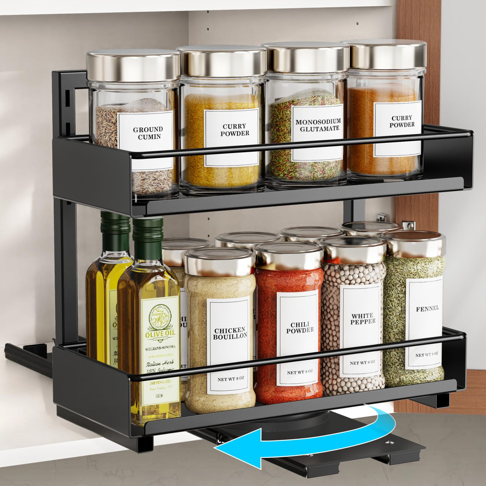 Photo 1 of iSPECLE Spice Rack Organizer for Cabinet - 1 Pack Rotate Pull Out Spice Racks for Easy Access, Adjust Height to Fit 4 oz to 8 oz Spice Jars, Peel and Stick, 10.2" D for Inside Cabinet