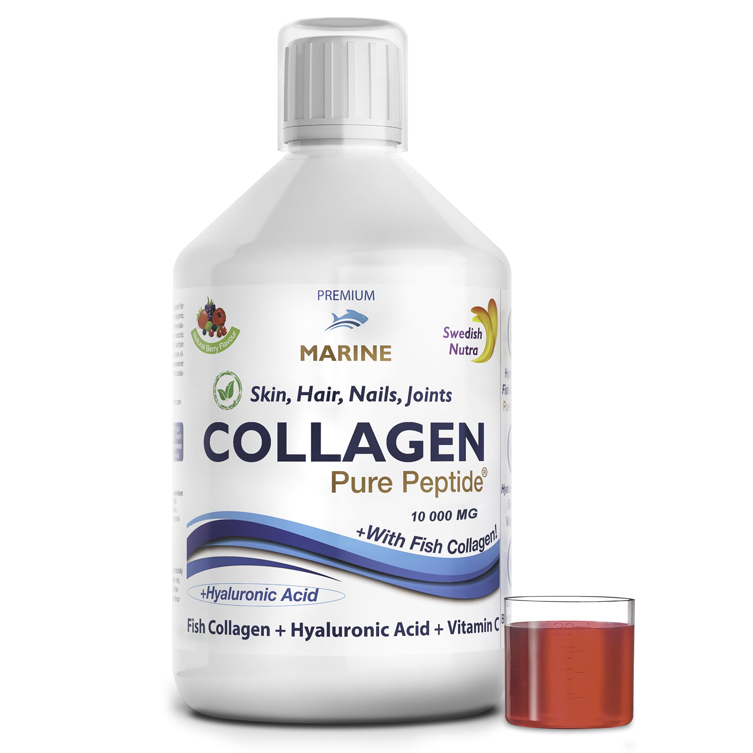 Swedish Nutra - Liquid Marine Collagen 10000mg - Pack of 500ml I Hydrolyzed Collagen Peptides (Type I & III) I Minimize Fine Lines, Wrinkles I Hyaluronic Acid, Biotin, Vitamin C - 20 Day Supply
