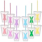 Sunnychicc 12 Pcs Easter Plastic Cups with Lids and Straws Bunny Rabbit Cups Bulk Reusable Tea Coffee Tumbler for Easter Day Party Drinkware Holiday Supplies (16 oz)