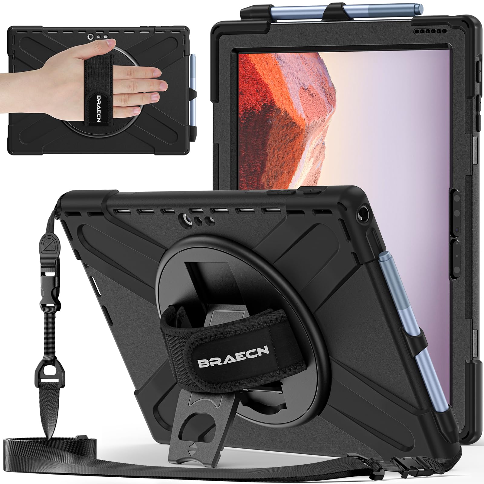 Photo 1 of BRAECNstock Silicone Case for Microsoft Surface Pro 7+ Plus/Pro 7/6/5/4 12.3" Rugged Surface Pro 7+/7/6/5/4 Kids Cover with Screen Protector Rotating Hand Strap+Stand Pen Holder Shoulder Strap - Black