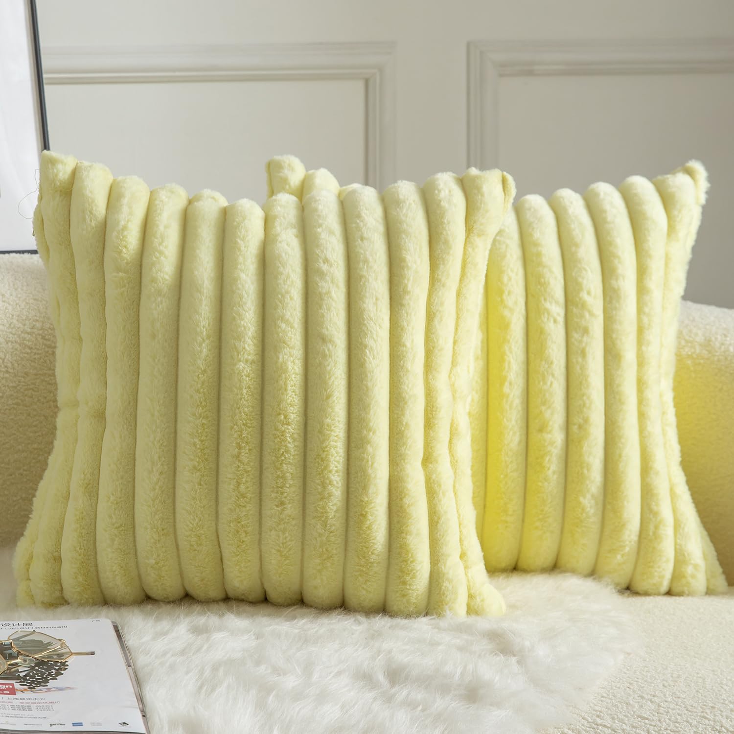Mandioo Pack of 2 Decorative Cushion Covers 30cm x 50cm Faux Fur Striped Plush Soft Throw Pillow Covers Pillow Cases Bedroom Living Room Sofa Home 26x26 Inch Yellow