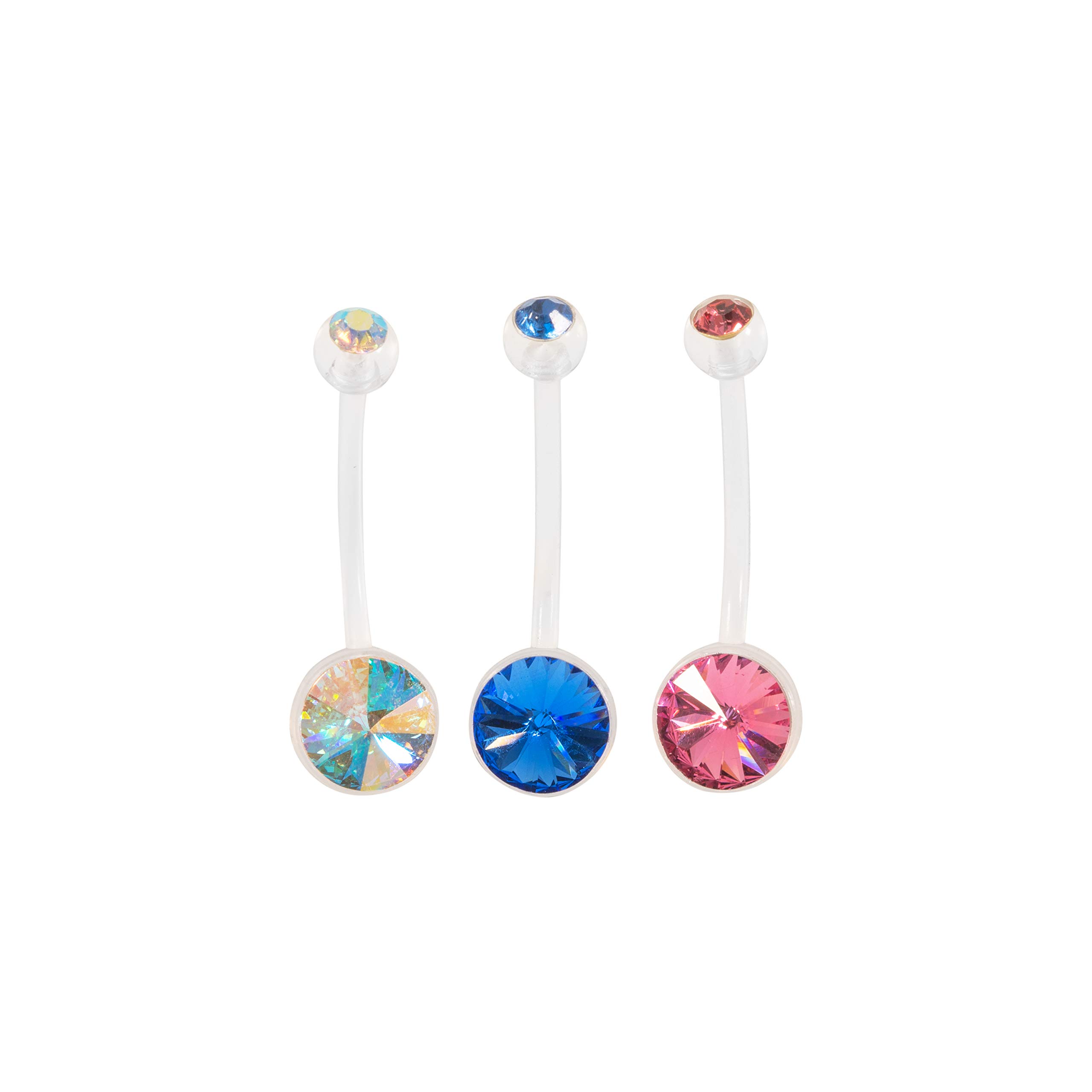 Double Jewel Crystal Pregnancy Maternity Belly Navel Bar Bioflex/Plastic Flexible PFTE Body Piercing Jewellery bars/rings (Set of 3 - Pink, Blue, AB Rainbow)