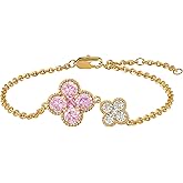MYEARS Flower Bracelet for Women Gold Sideways Double Four-leaf-clover Link Charm 12 Month Birthstone Cubic Zirconia 14K Simple Dainty Thick Chain Floral Lucky Jewelry Gift
