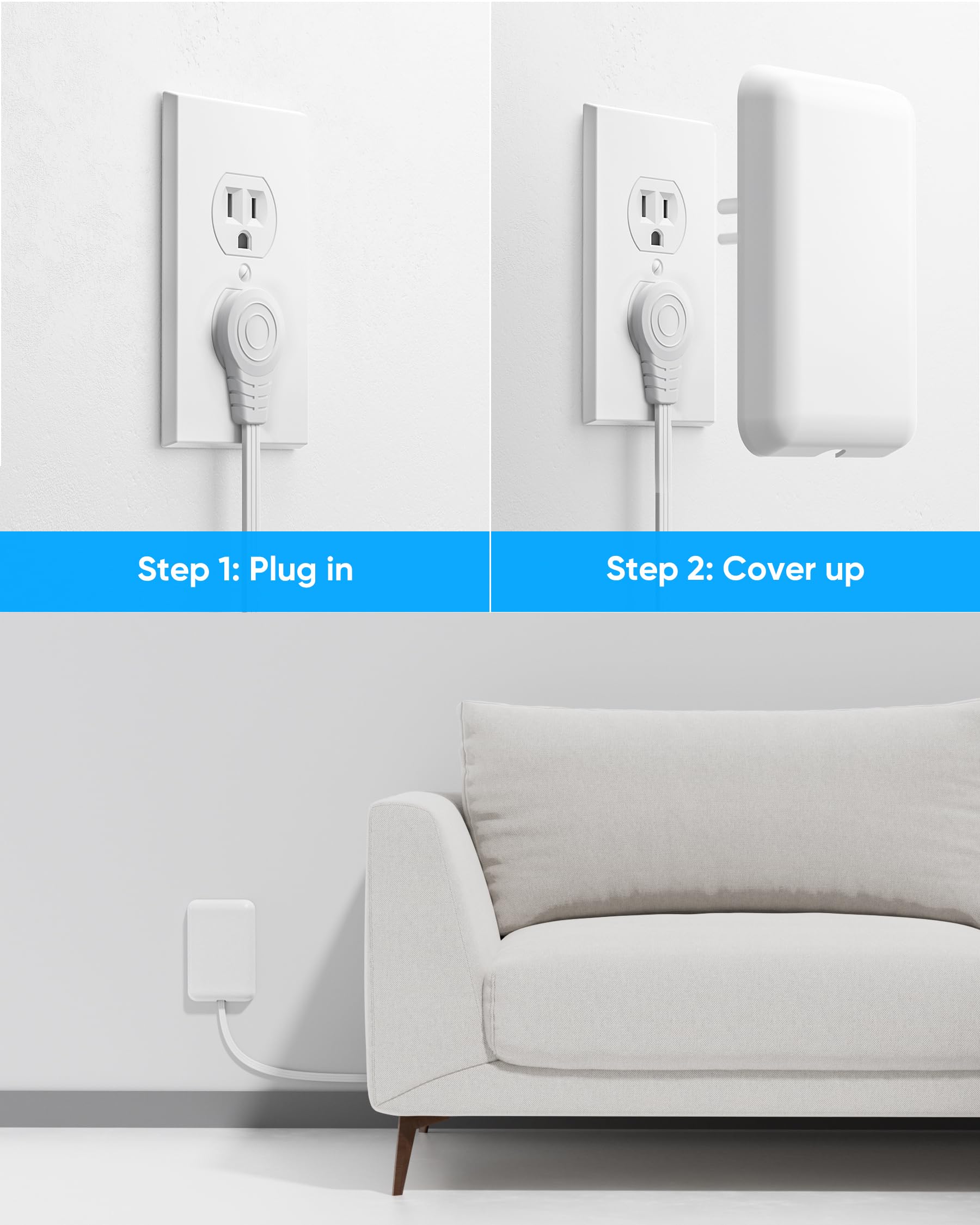 Olcorife Flat Extension Cord with Outlet Cover, Flat Plug Power Strip with 6 Outlets and 3 USB Ports, 2000 Joules Surge Protector, 5 FT Cord Hidden Outlet Extender for Tight Spaces, White